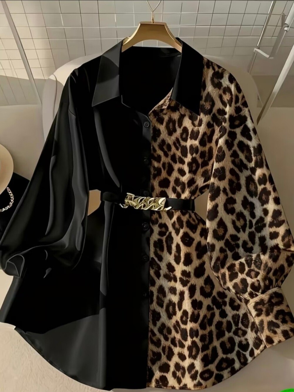 Women's Elegant Leopard Print Patchwork Shirt with Spring/Autumn High-End Faux